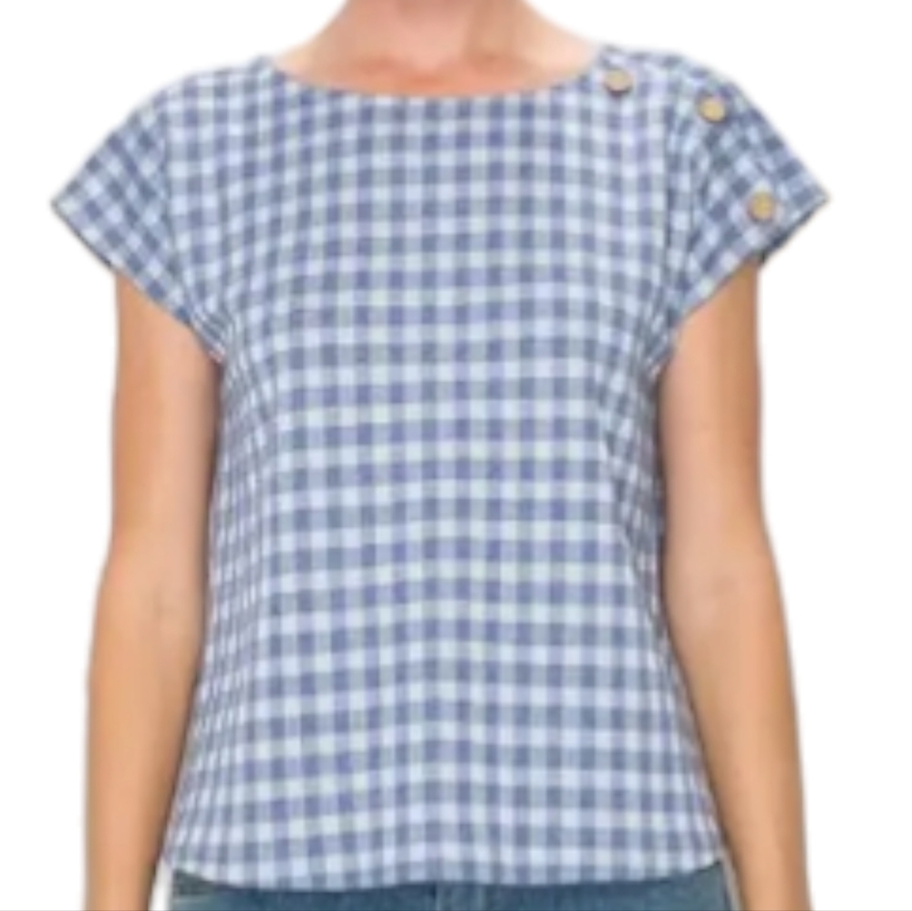 Anthropologie W5 Blue Gingham Dolman Sleeve Knit Top Size Large